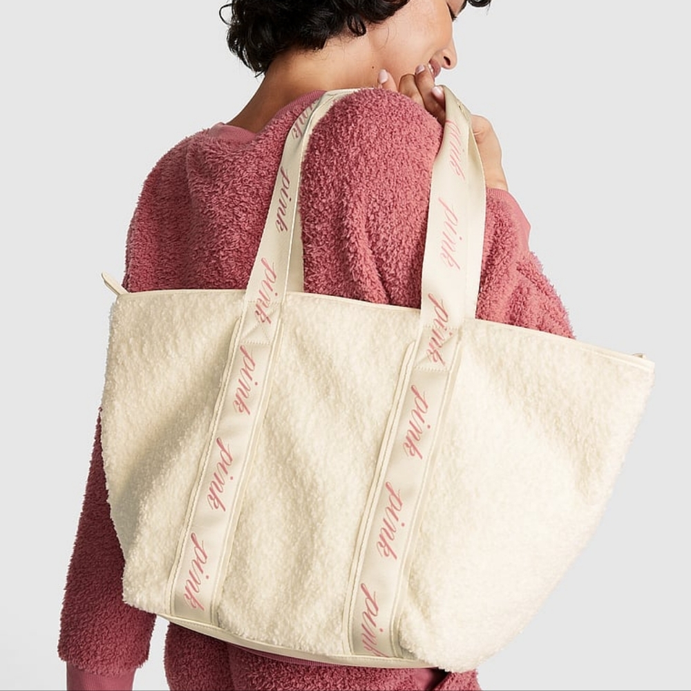 NWT Victoria’s Secret beige and pink plush tote bag